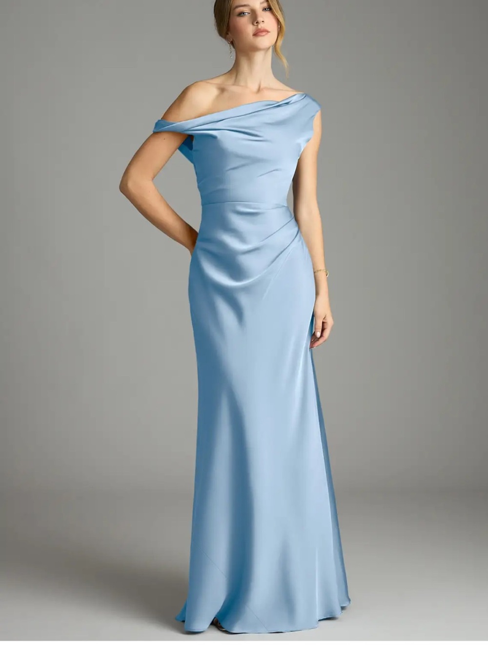 Azazie Emerson One-Shoulder Satin Gown in Powder Blue